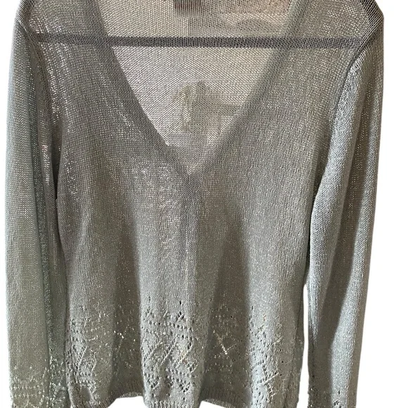 Light Green Openwork V-Neck Cardigan Sweater - Picture 5 of 6